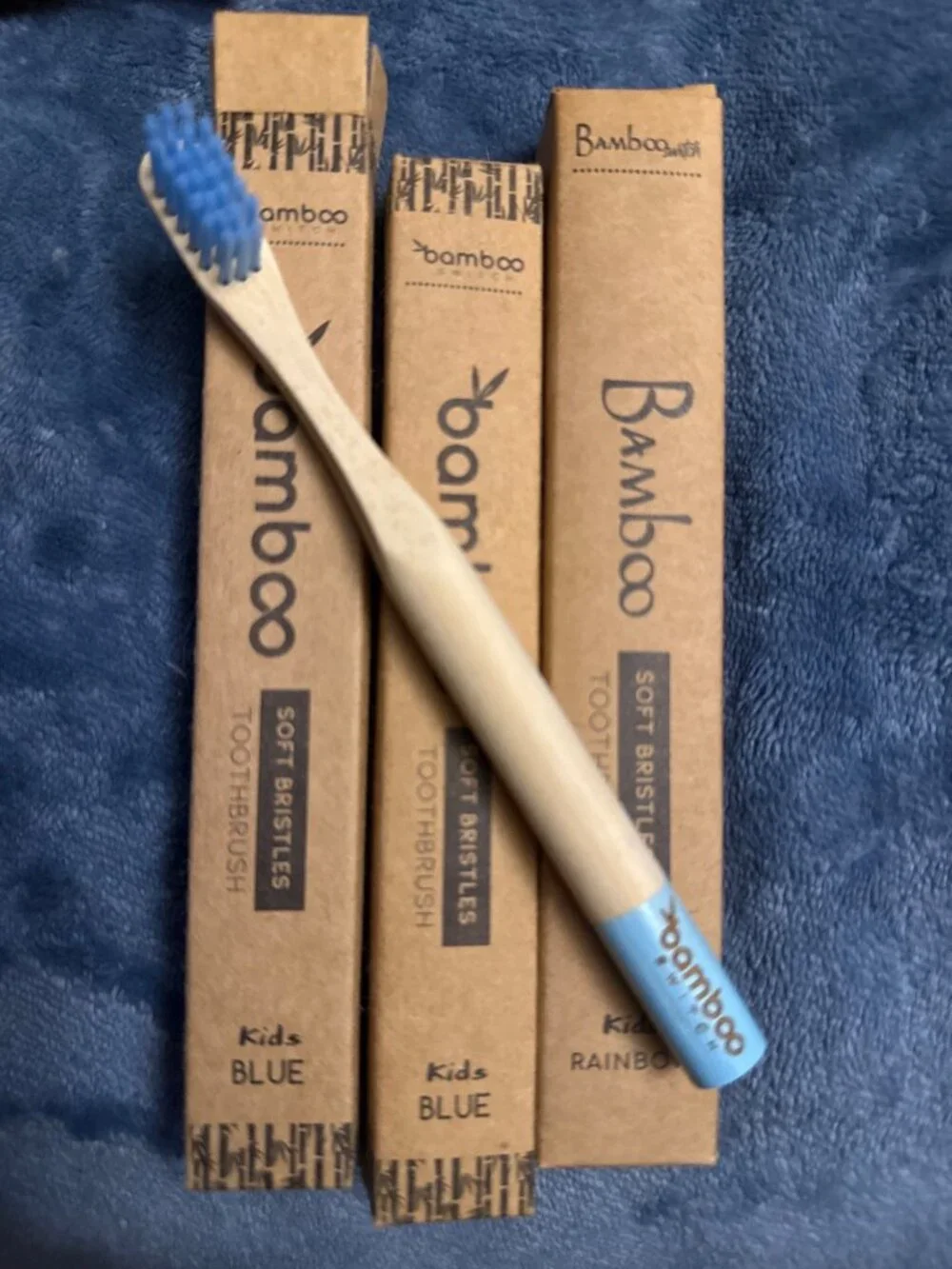 Bamboo Kids Soft Bristle Toothbrushes Eco-Friendly Rainbow Green & Blue Colors 1